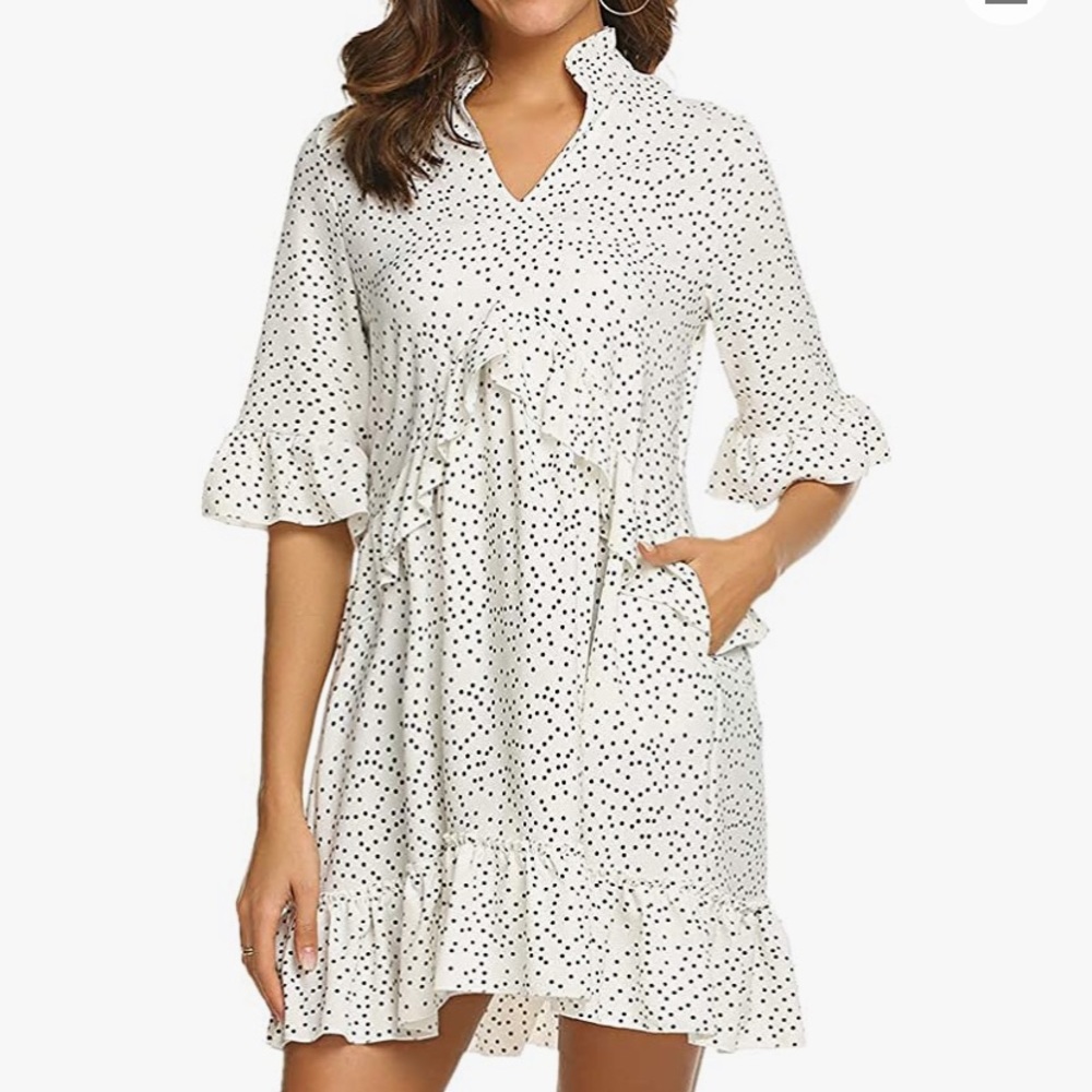 Women's V Neck Ruffle Polka Dot Pocket Swing dress